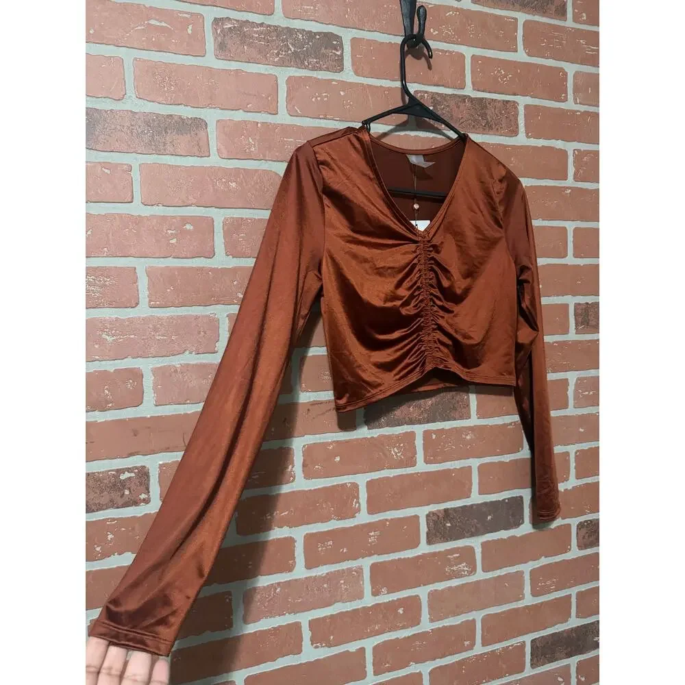 NWT/NWOT Calia long sleeve ruched swim rashguard in a red brown/copper color